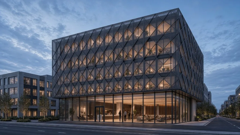 fabric-facade-office Fabric facade with diamond mesh on an office building