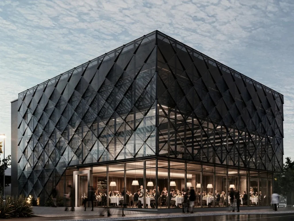 fabric-facade-restaurant Fabric facade with diamond mesh on a restaurant